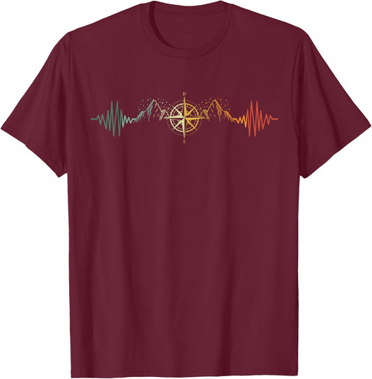 Compass Heartbeat Hiker Trek Outdoor Mountain Climbing T-Shirt - T-Shirt | Maroon