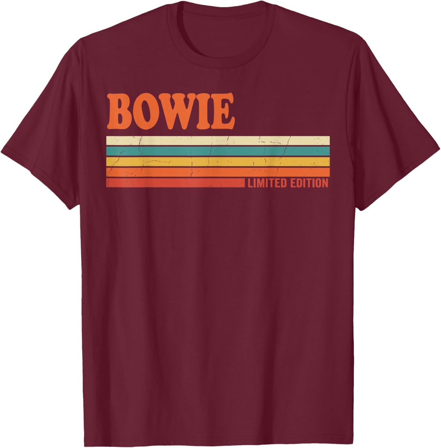 Bowie Retro Personalized First Name Vintage Stripes T-Shirt - T-Shirt | Maroon