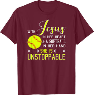WITH JESUS IN HER HEART A Softball Hand She's Unstoppable T-Shirt - T-Shirt | Maroon