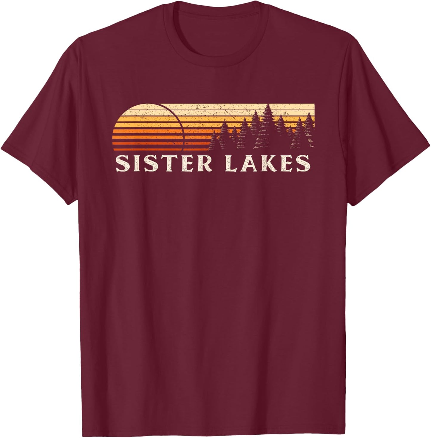 Sister Lakes, MI Vintage Evergreen Sunset Eighties Retro T-Shirt - T-Shirt | Maroon