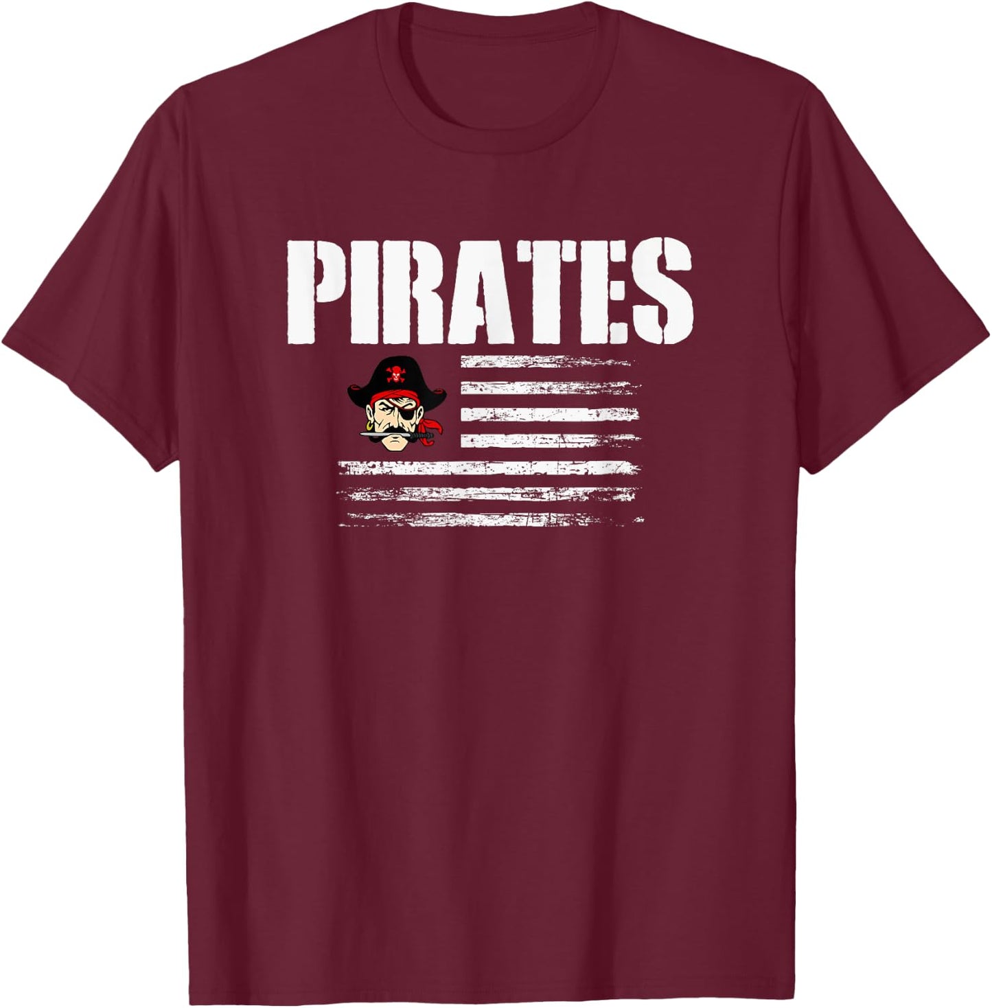 Belfry Pirates Logo USA Flag Pride HS T-Shirt - T-Shirt | Maroon