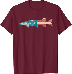 Muskie American Flag - Patriotic Musky Fishing T-Shirt - T-Shirt | Maroon