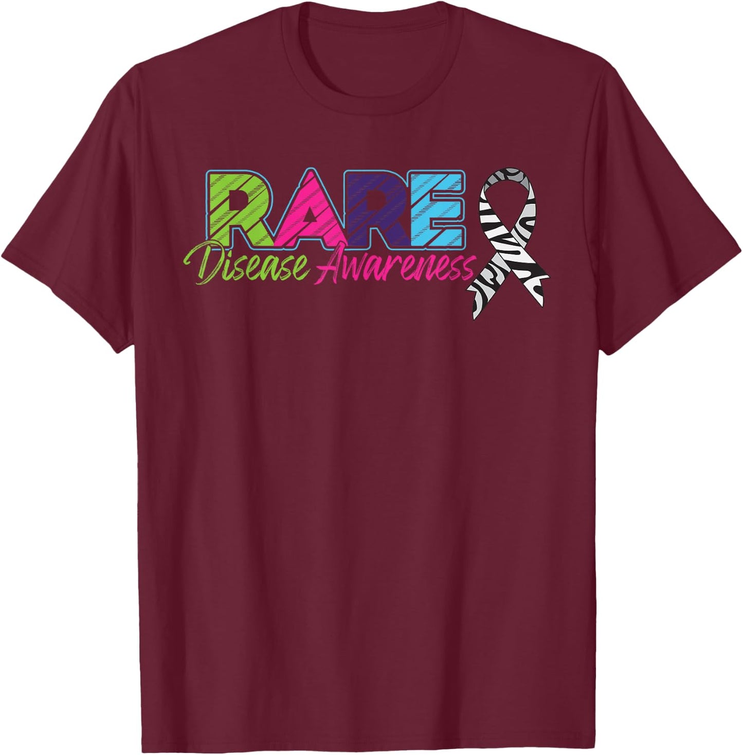 Rare Disease Awareness Zebra Ribbon T-Shirt - T-Shirt | Maroon