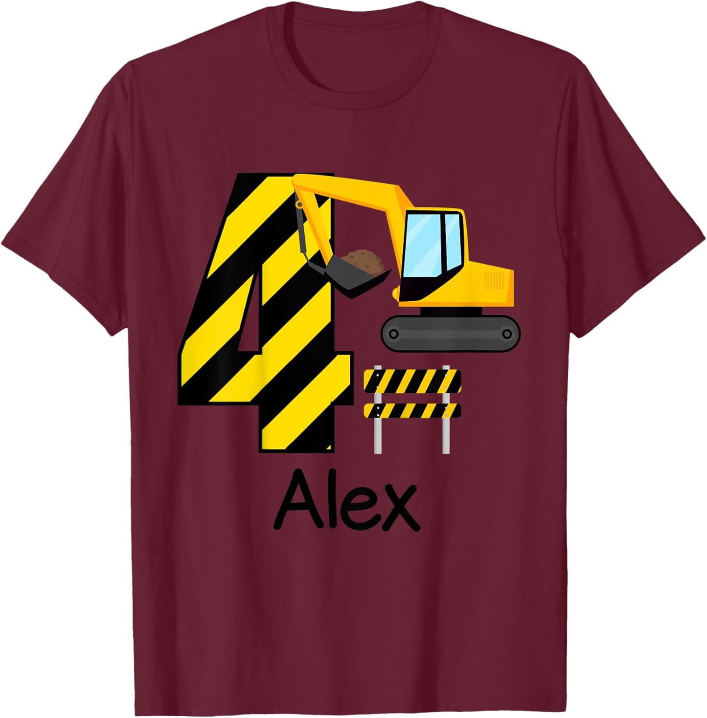 Kids Boys Construction 4th Birthday Alex 4 Years Old Party T-Shirt - T-Shirt | Maroon