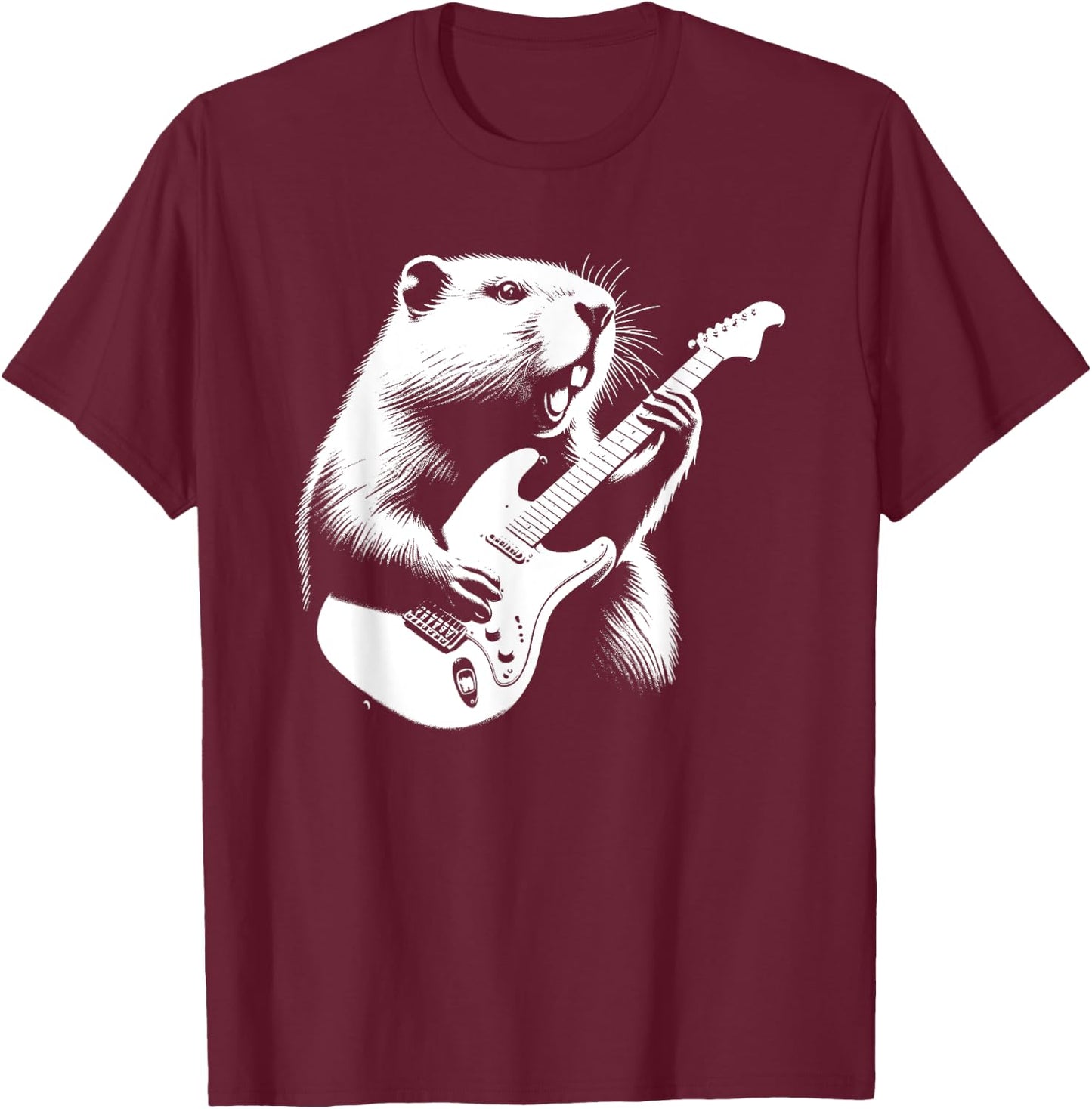 Beaver Playing Electric Guitar Rock Star Guitarist T-Shirt - T-Shirt | Maroon