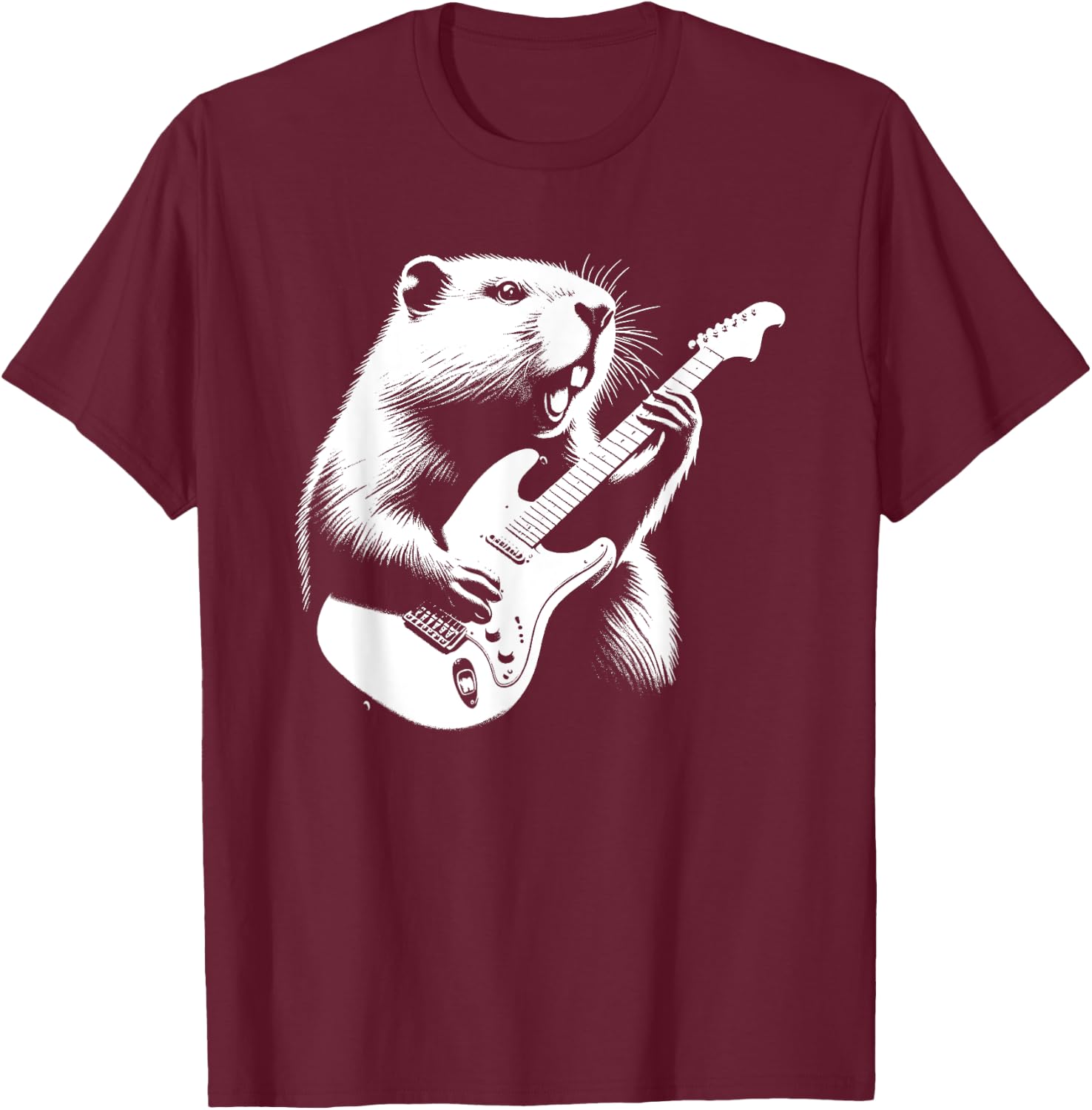 Beaver Playing Electric Guitar Rock Star Guitarist T-Shirt - T-Shirt | Maroon