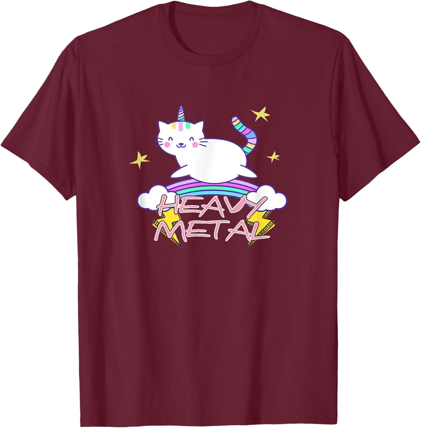 Heavy Metal Kawaii Unicorn Cat and Rainbow T-Shirt - T-Shirt | Maroon