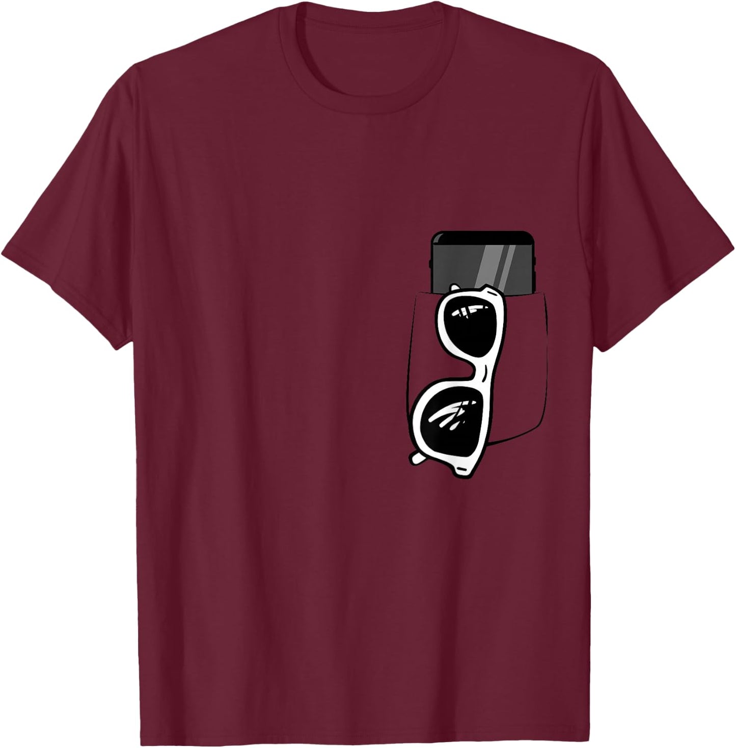 Fake pocket with black print on sunglasses and phone T-Shirt - T-Shirt | Maroon