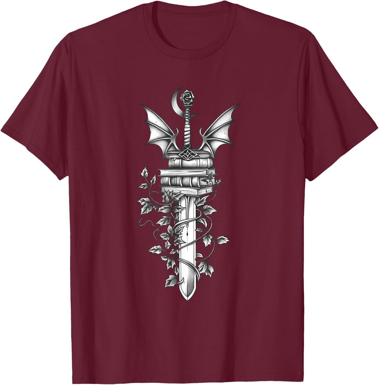 Romantasy Reader Book Lover Sword Dragon Books Fantasy Book T-Shirt - T-Shirt | Maroon