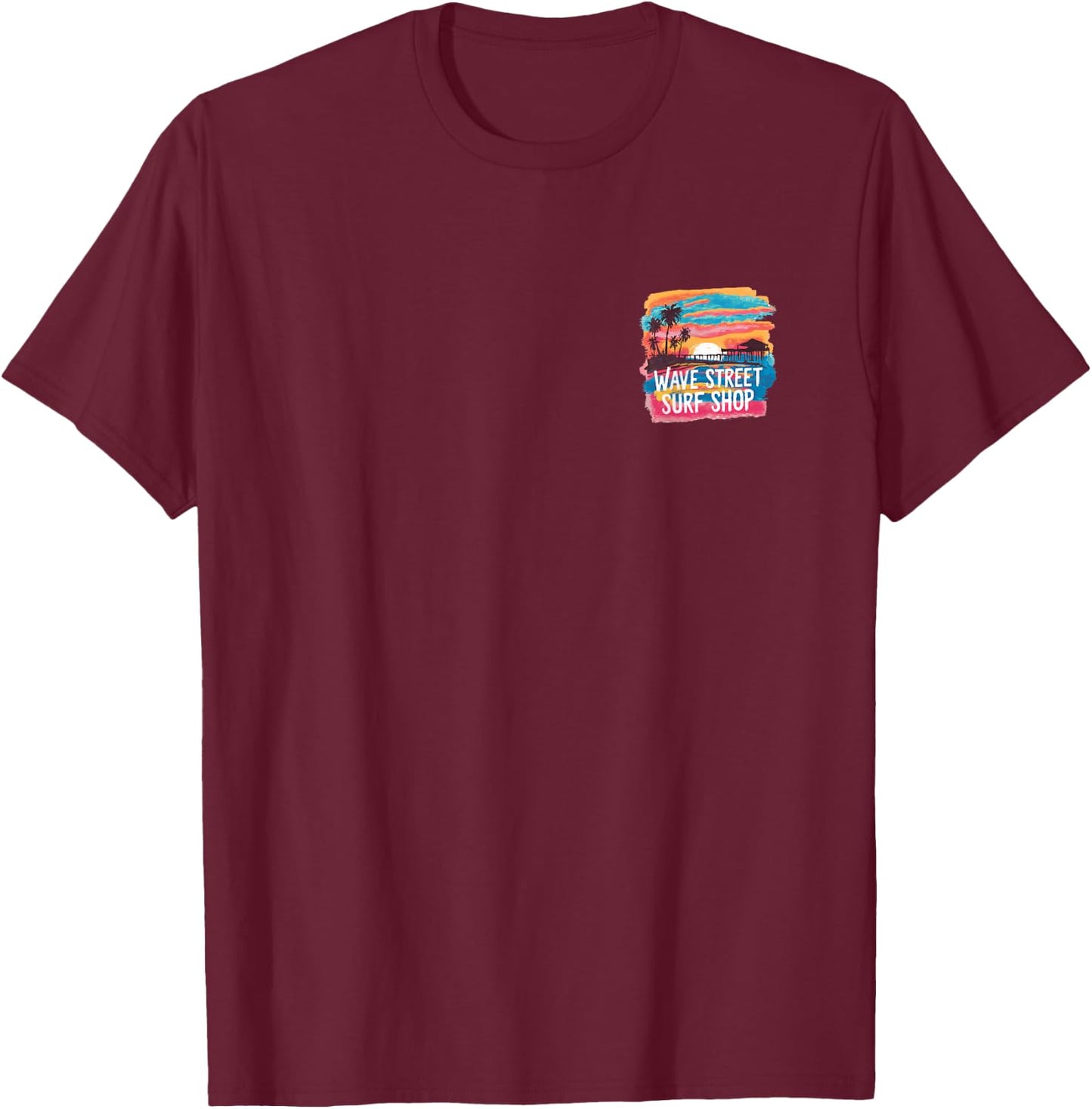 Wave Street Surf Shop Sunset Silhouette Graphic T-Shirt - T-Shirt | Maroon