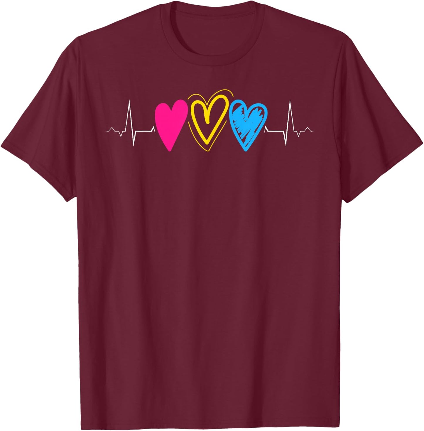 Pansexual Pride Hearts in Pulse Line LGBTQ Colors T-Shirt - T-Shirt | Maroon