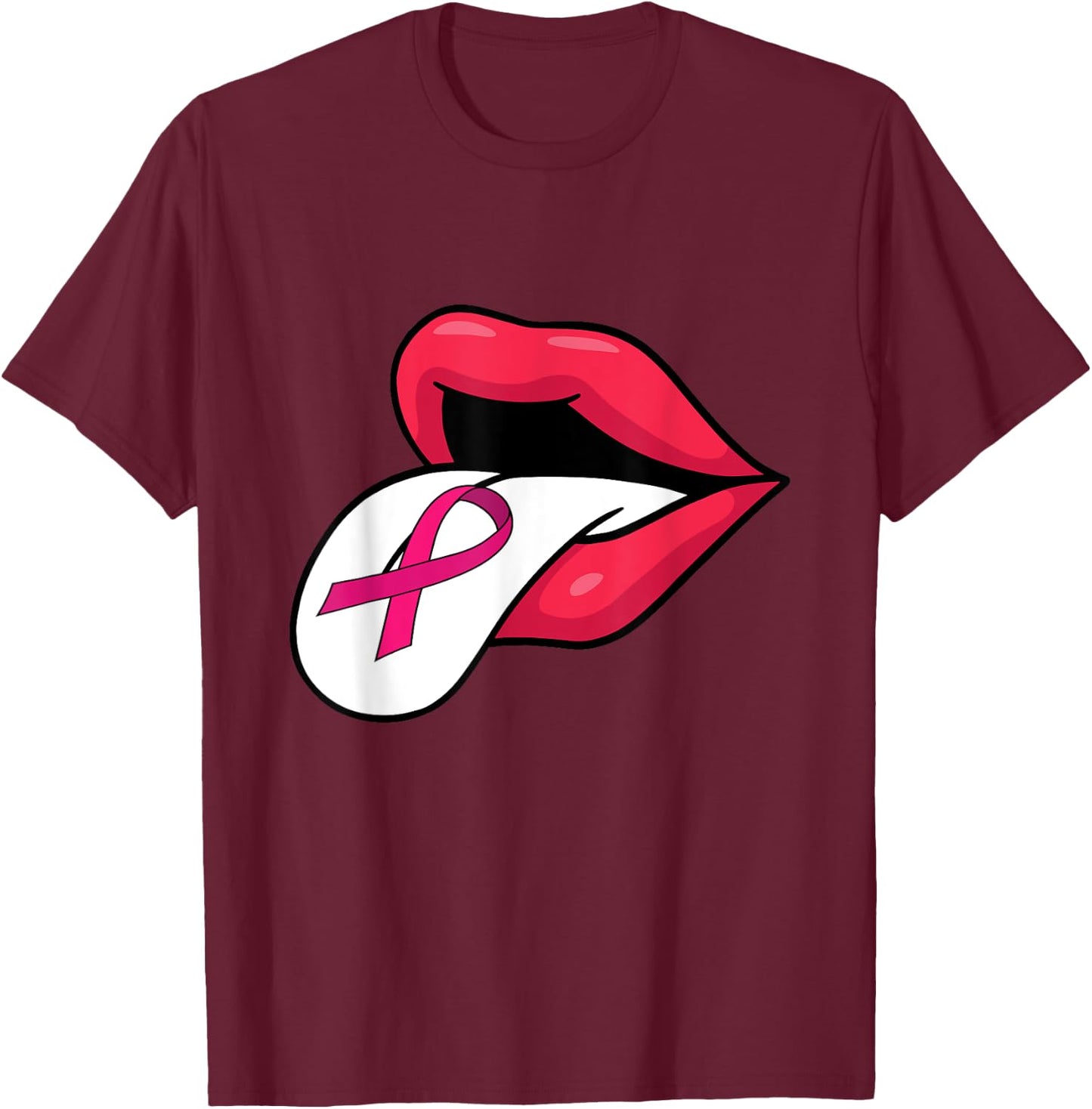 Pink Ribbon Tongue Out Breast Cancer Awareness Funny Lips T-Shirt - T-Shirt | Maroon