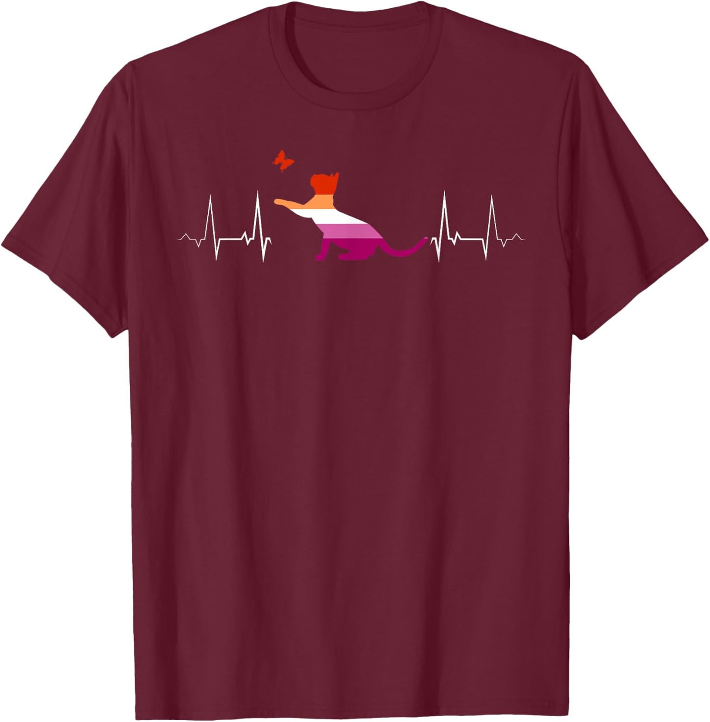 Lesbian Heartbeat Playful Cat Butterfly Pride T-Shirt - T-Shirt | Maroon