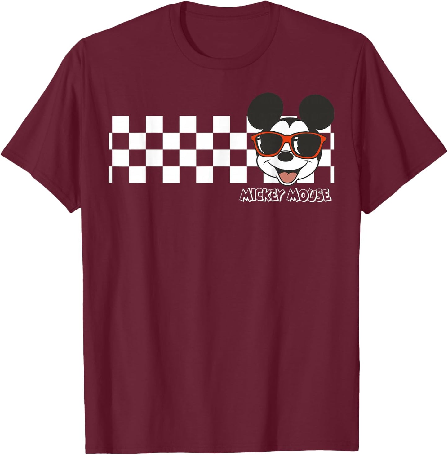 Disney Mickey and Friends Mickey Mouse Checkerboard Stripe T-Shirt - T-Shirt | Maroon