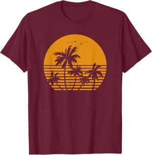 Vintage Birds Sunset Beach Palm trees T-Shirt - T-Shirt | Maroon