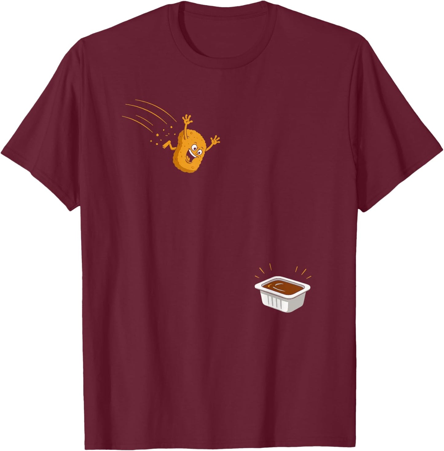 Sauce Dive Funny Flying Chicken Nugget Cartoon Humor T-Shirt - T-Shirt | Maroon
