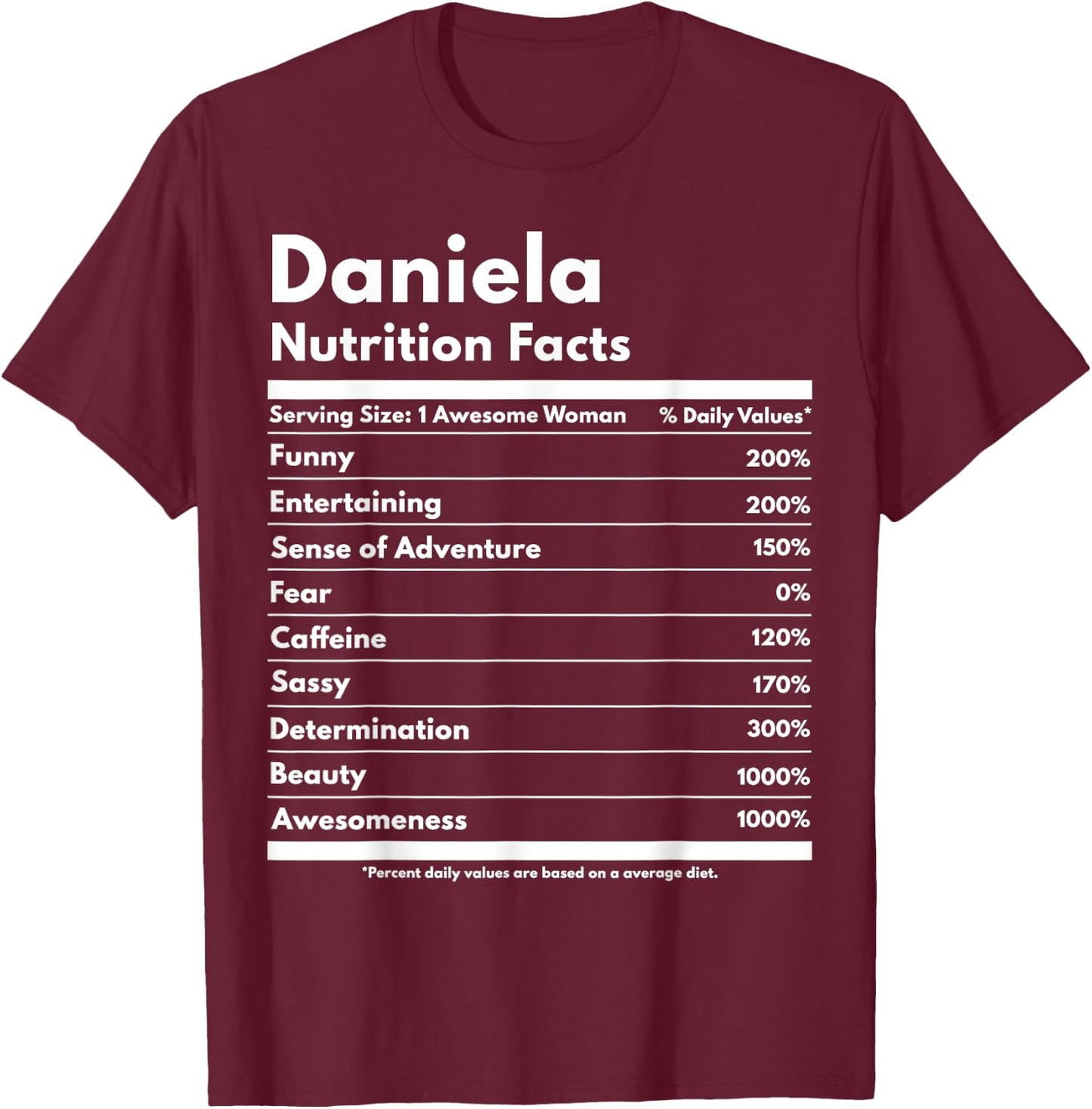 That's My Name Co. Daniela Daniela Nutrition Facts Funny Personalized Name Daniela Black Cotton Polyester Modern Letter Print Short Sleeve Classic Fit Pull On T-Shirt - T-Shirt | Maroon