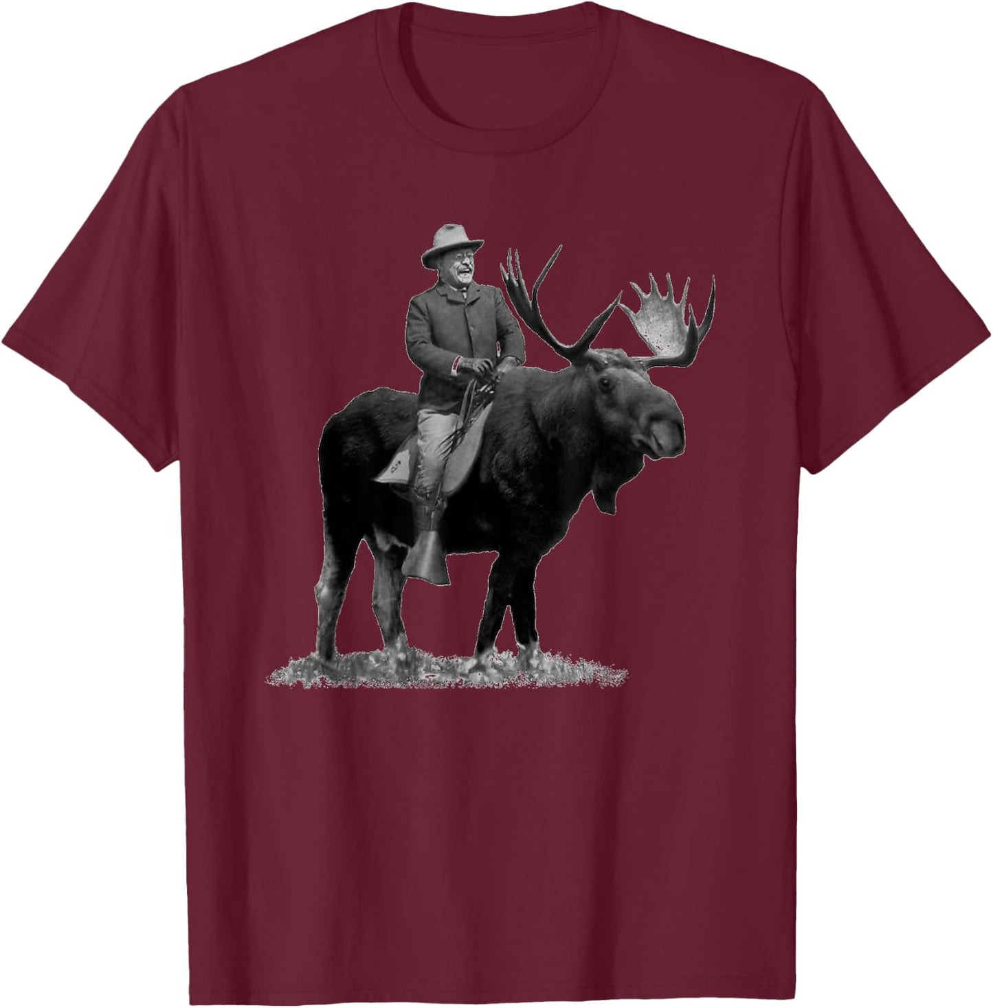 Teddy Roosevelt Riding A Bull Moose T-Shirt - T-Shirt | Maroon