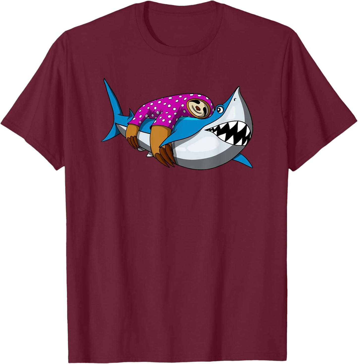 Lazy Sloth With Pajama Riding Ocean Shark T-Shirt - T-Shirt | Maroon