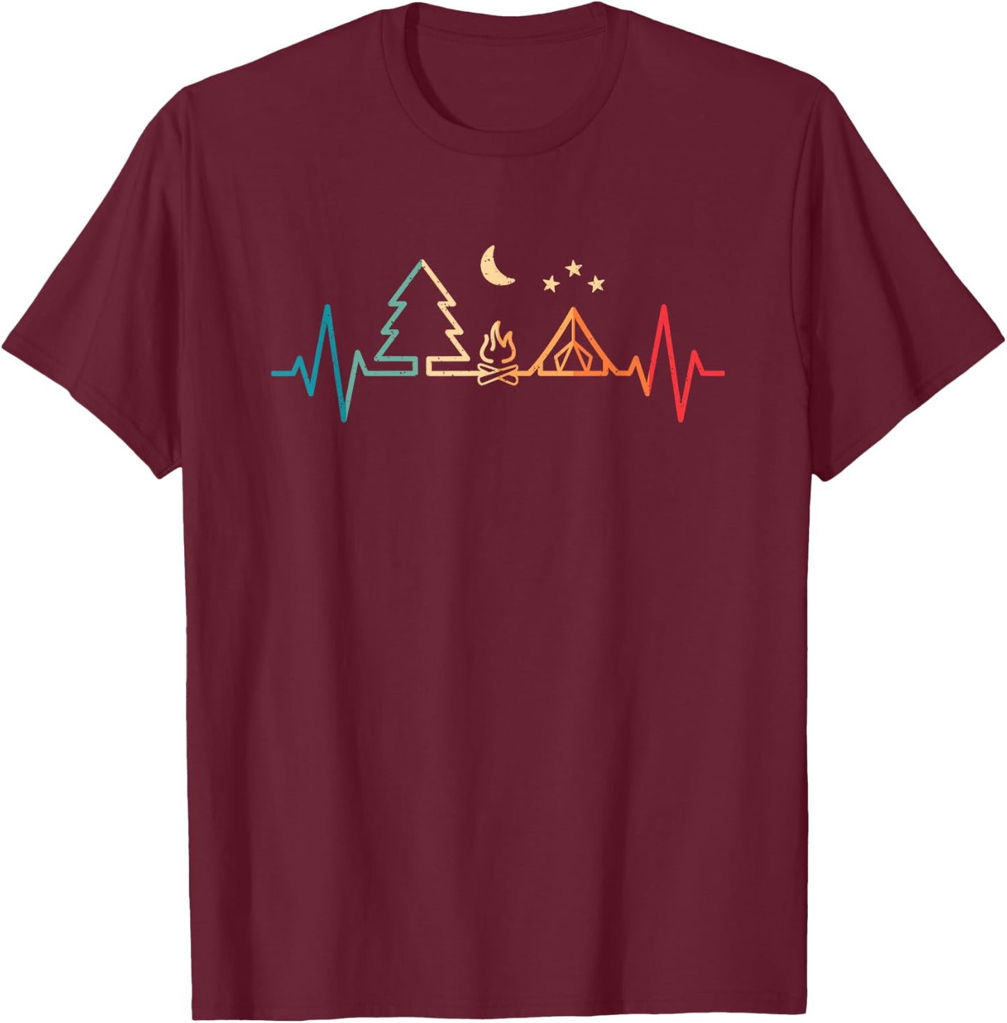 Retro Camping Outdoor Heartbeat Nature Camper Hiking Camping , black T-Shirt - T-Shirt | Maroon