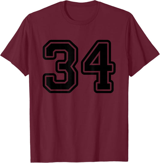Number #34 Black Sport Varsity Number 34 T-Shirt - T-Shirt | Maroon