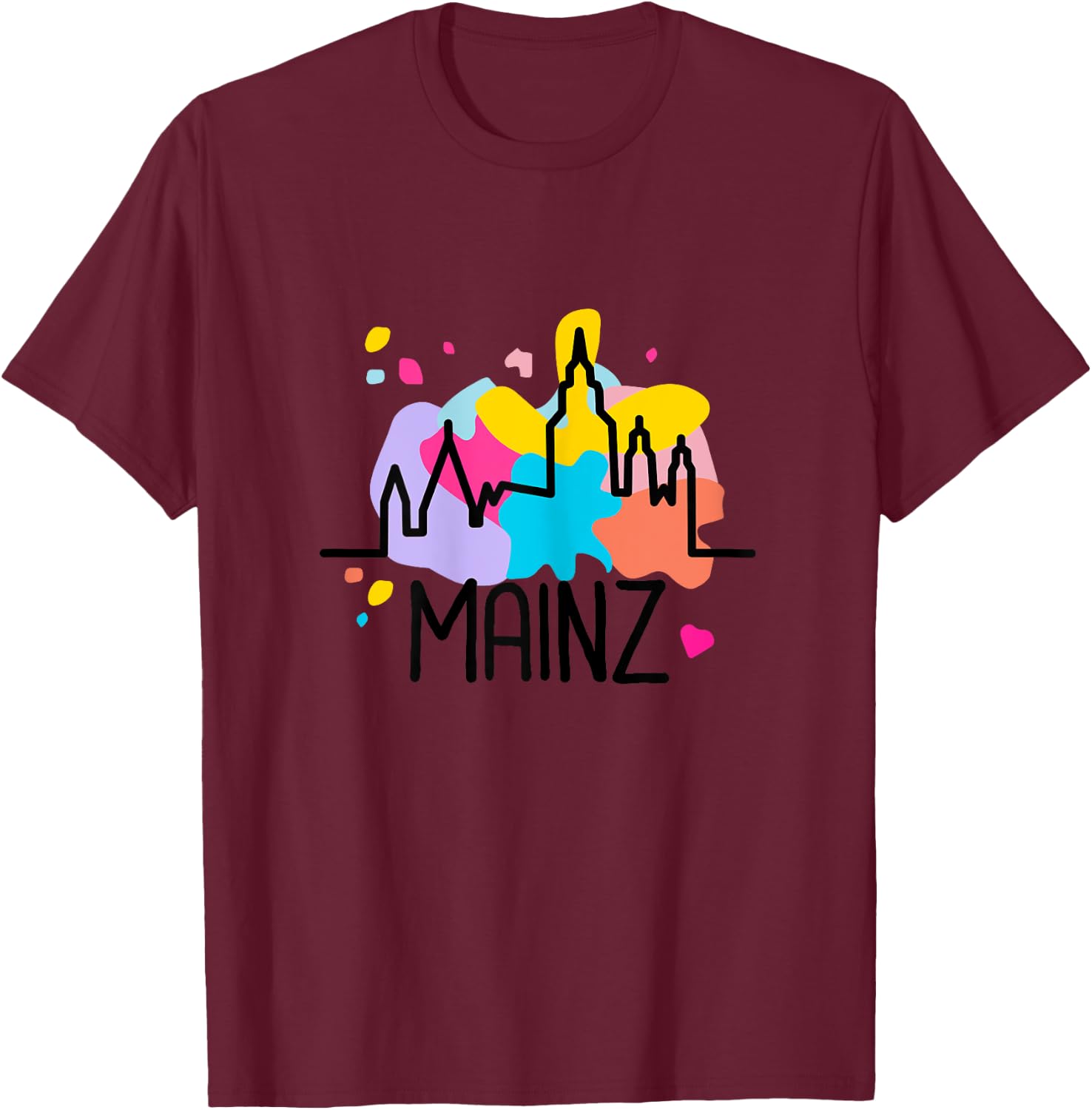 Mainz Mainz Cathedral Silhouette with Paint Splatters Meenzer Girl's , White T-Shirt - T-Shirt | Maroon