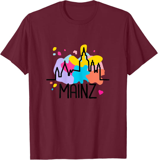 Mainz Mainz Cathedral Silhouette with Paint Splatters Meenzer Girl's , White T-Shirt - T-Shirt | Maroon