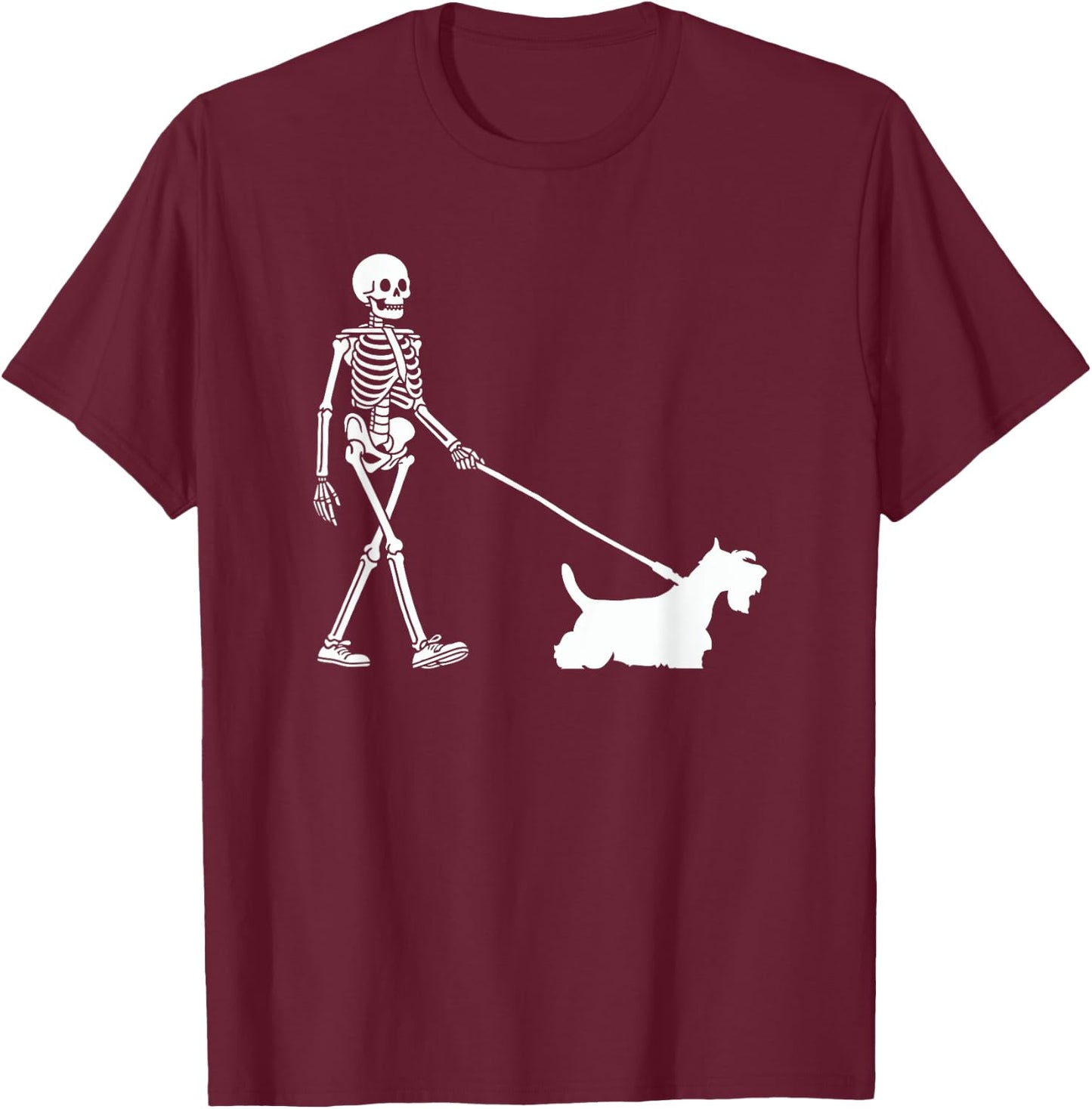Skeleton Walking a Dog Scottish Terrier Halloween Outfit T-Shirt - T-Shirt | Maroon