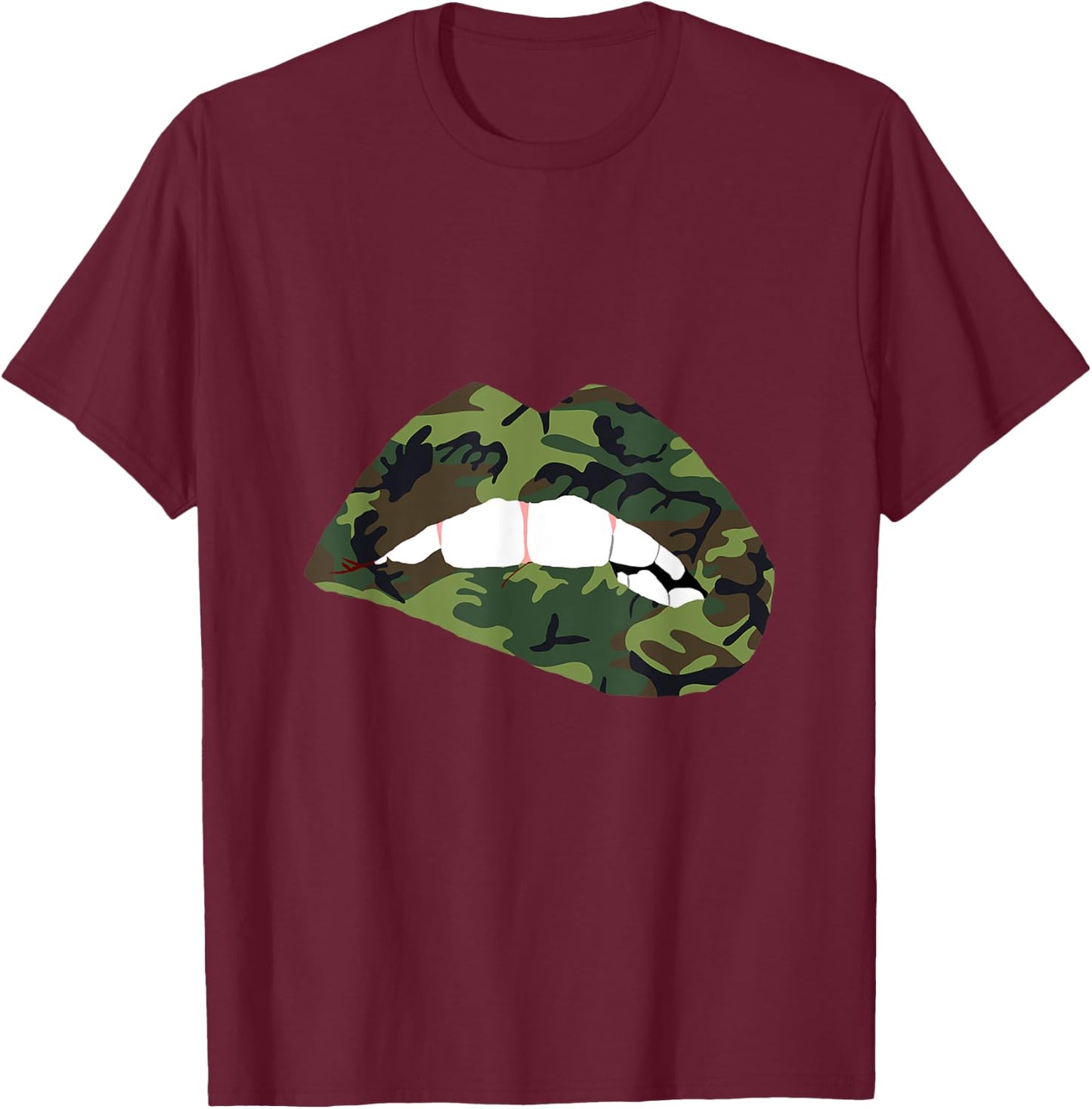 Camouflage Lips Mouth Military Kiss Me Biting Camo Kissing T-Shirt - T-Shirt | Maroon