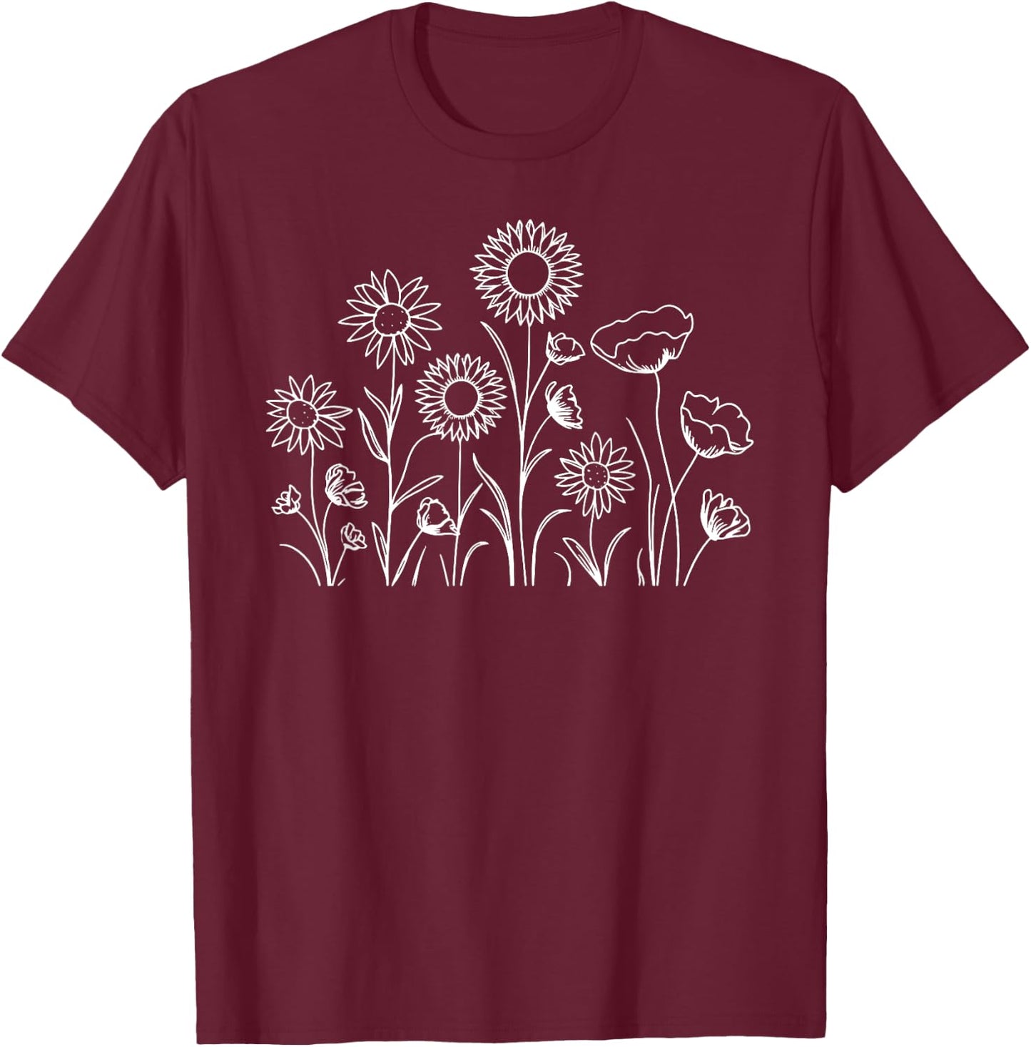 Simple Sunflower Row Line Drawing - White Print T-Shirt - T-Shirt | Maroon