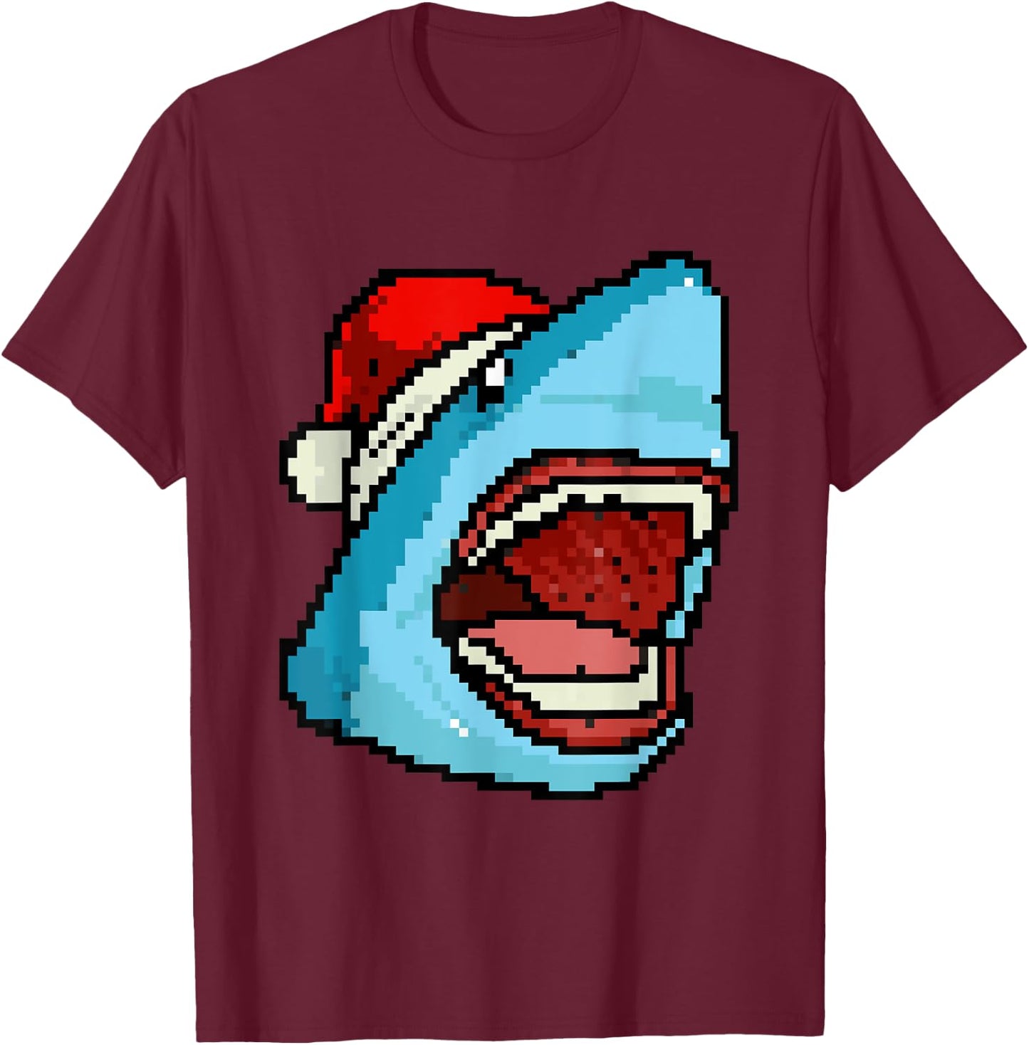 Shark Pixelated Christmas - Funny Shark Xmas T-Shirt - T-Shirt | Maroon