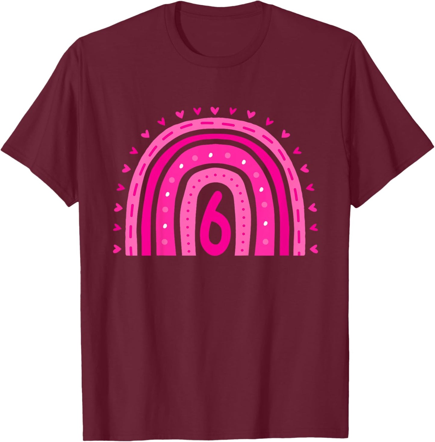 Kids Girl's Birthday Six 6 Years Old 6th Birthday Pink Rainbow T-Shirt - T-Shirt | Maroon