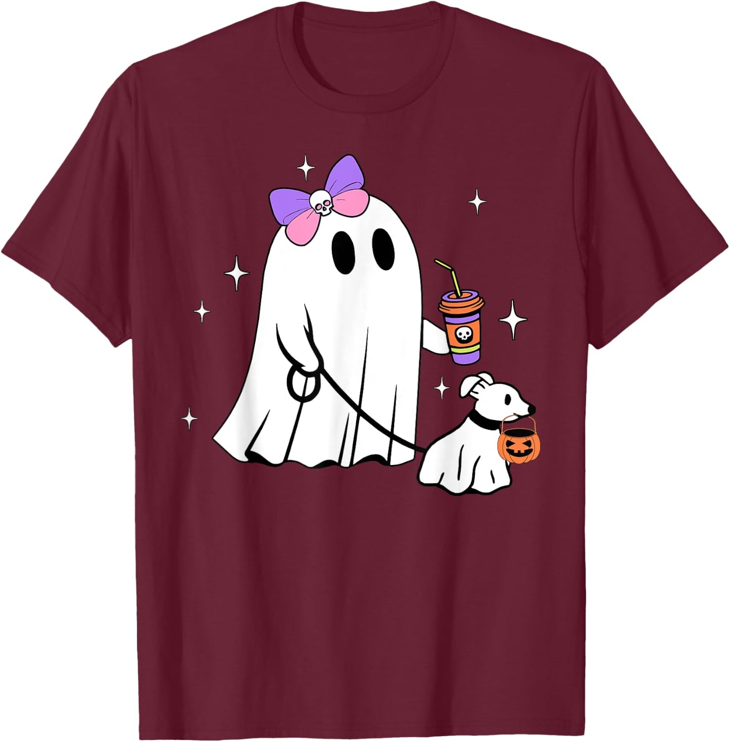 Halloween Cute Ghost Walking Dog Spooky Coquette Ghost Women T-Shirt - T-Shirt | Maroon