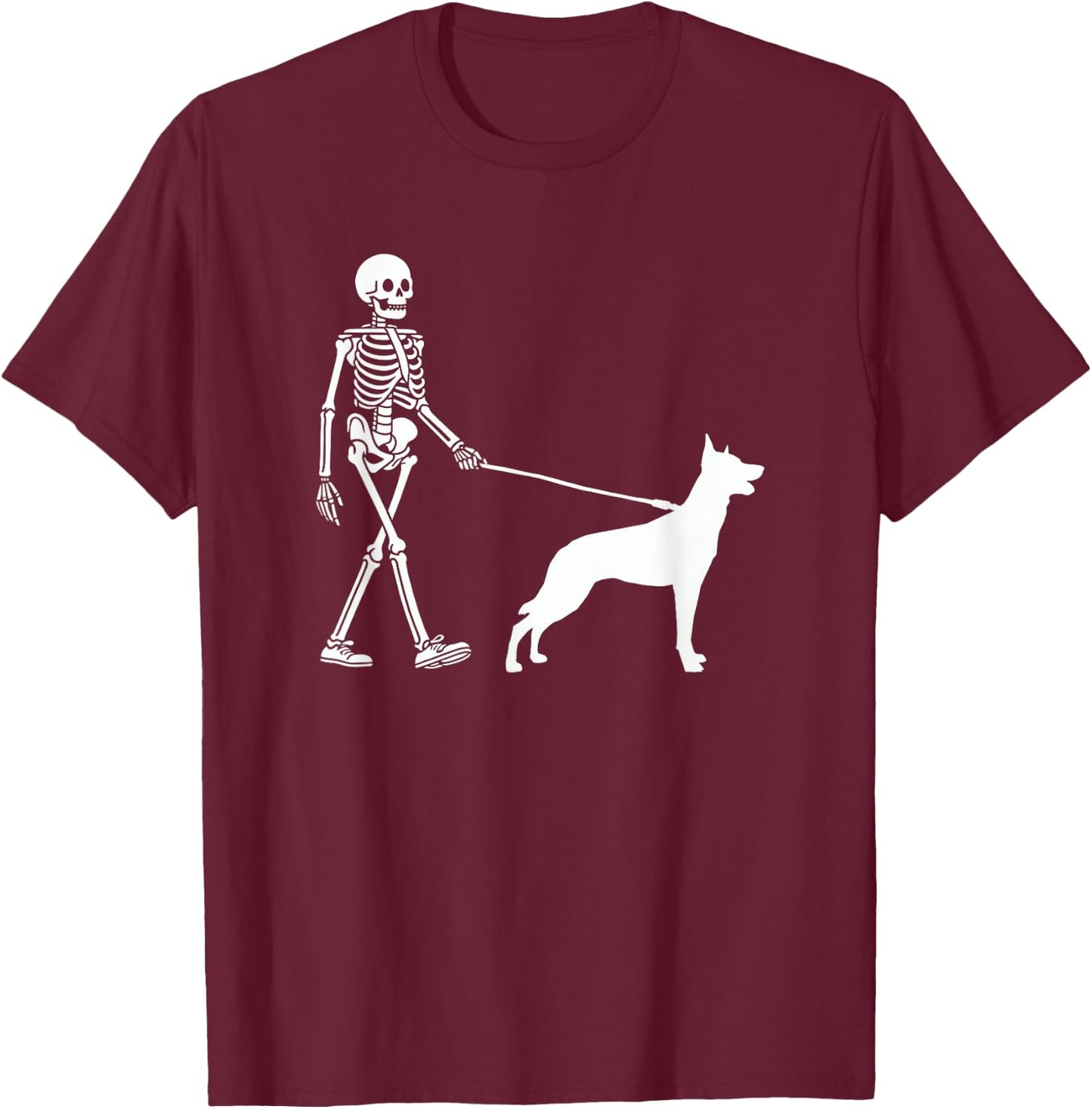 Skeleton Walking a Dog Belgian Malinois Halloween Outfit T-Shirt - T-Shirt | Maroon