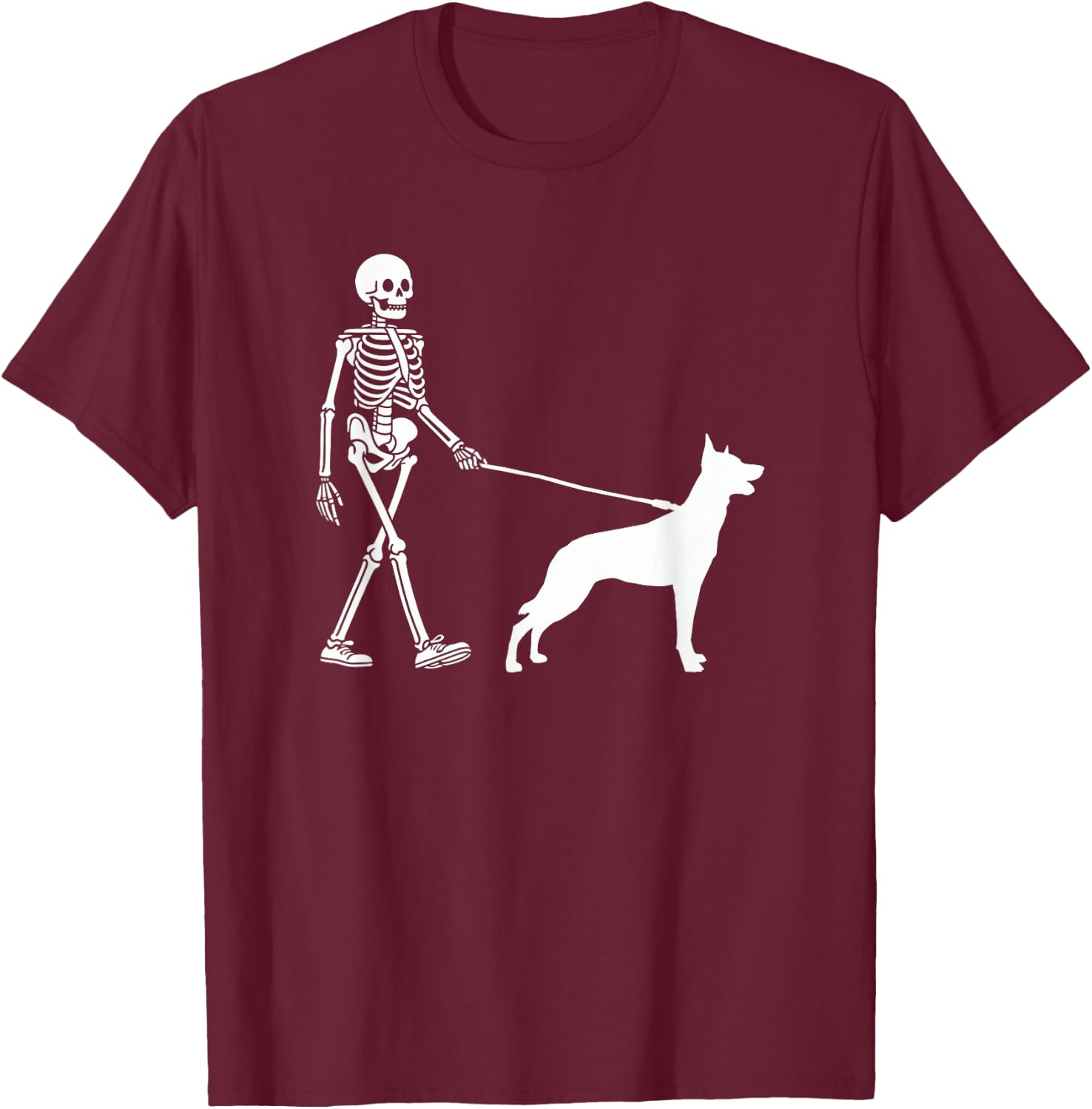 Skeleton Walking a Dog Belgian Malinois Halloween Outfit T-Shirt - T-Shirt | Maroon