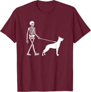 Skeleton Walking a Dog Belgian Malinois Halloween Outfit T-Shirt - T-Shirt | Maroon