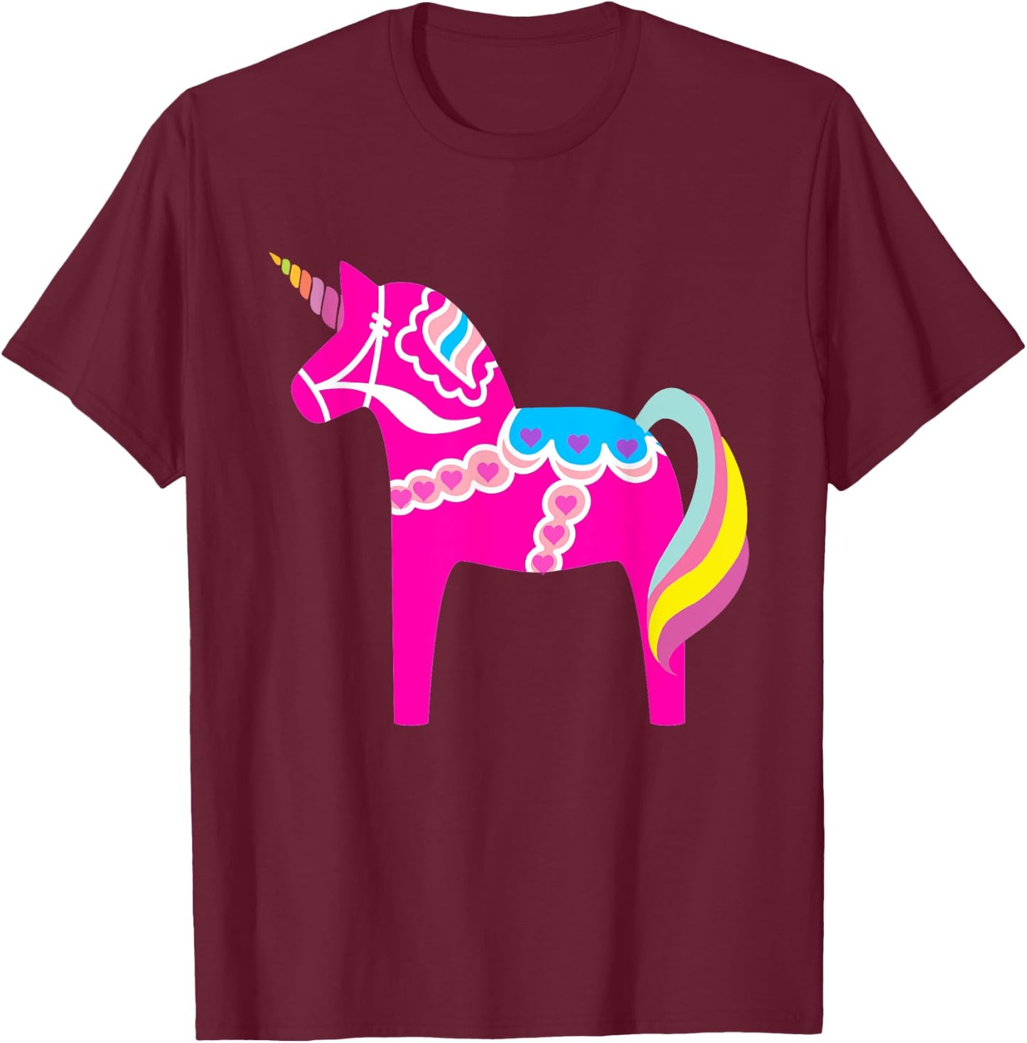 Pink Dala Horse Unicorn Swedish Dalecarlian Horse T-Shirt - T-Shirt | Maroon