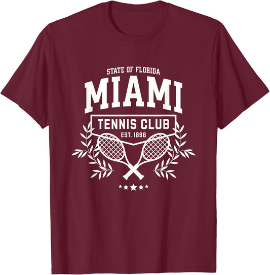 Miami Tennis, Varsity Player Style Graphic T-Shirt - T-Shirt | Maroon