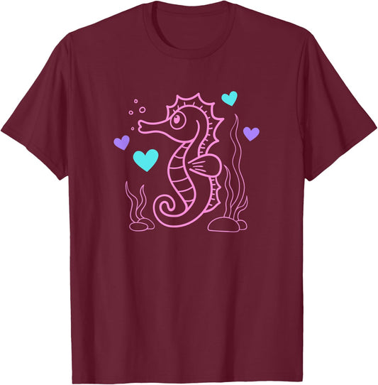 Seahorse Ocean Cute Pink Blue and Purple T-Shirt - T-Shirt | Maroon