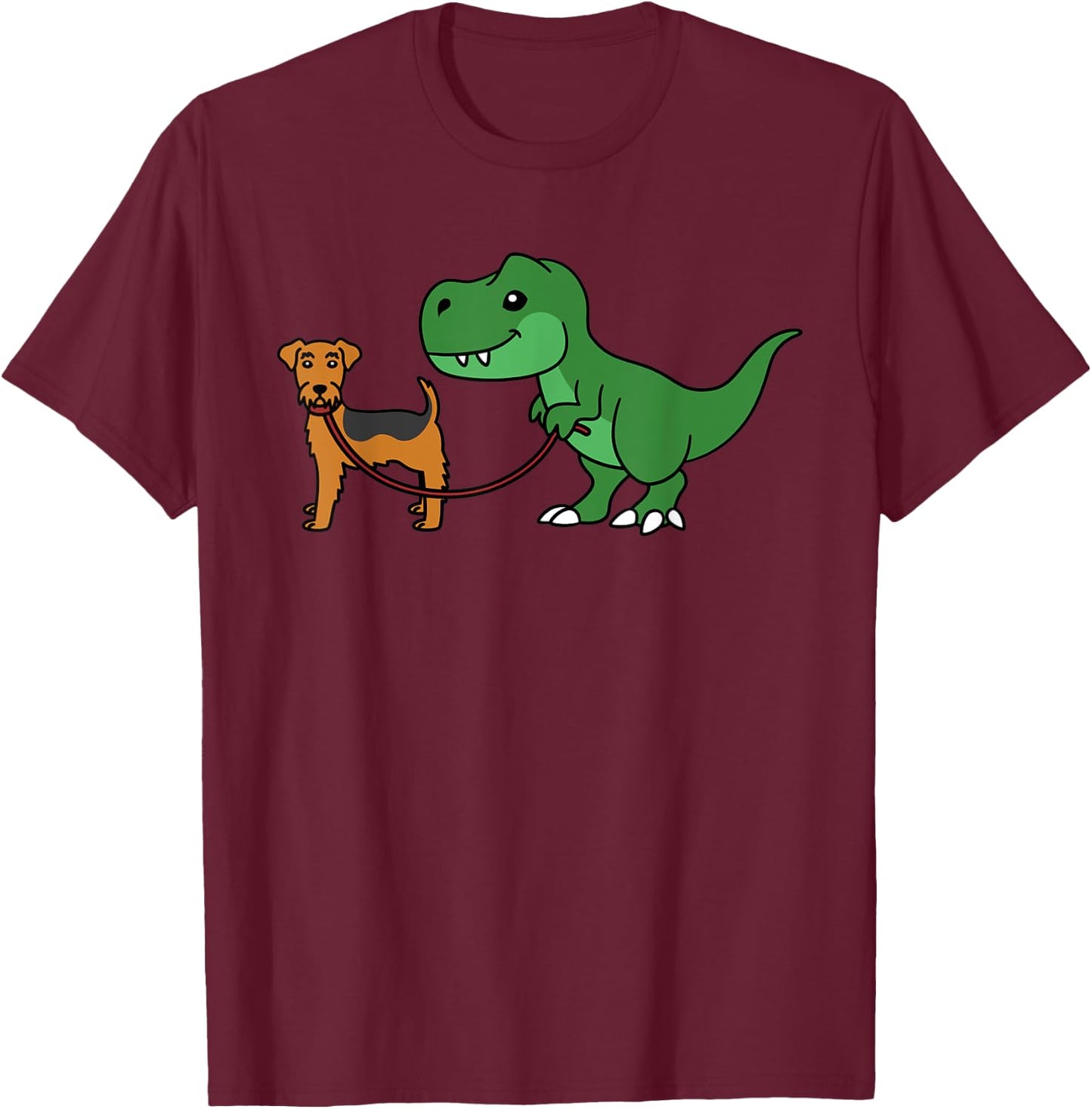 T-Rex Dinosaur Walking Airedale Terrier Funny Dog T-Shirt - T-Shirt | Maroon