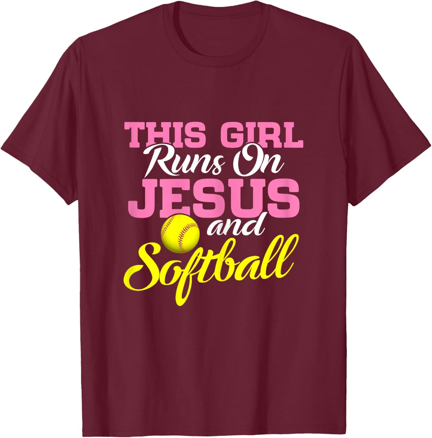 This Girl Runs On Jesus and Softball Women Christian T-Shirt - T-Shirt | Maroon