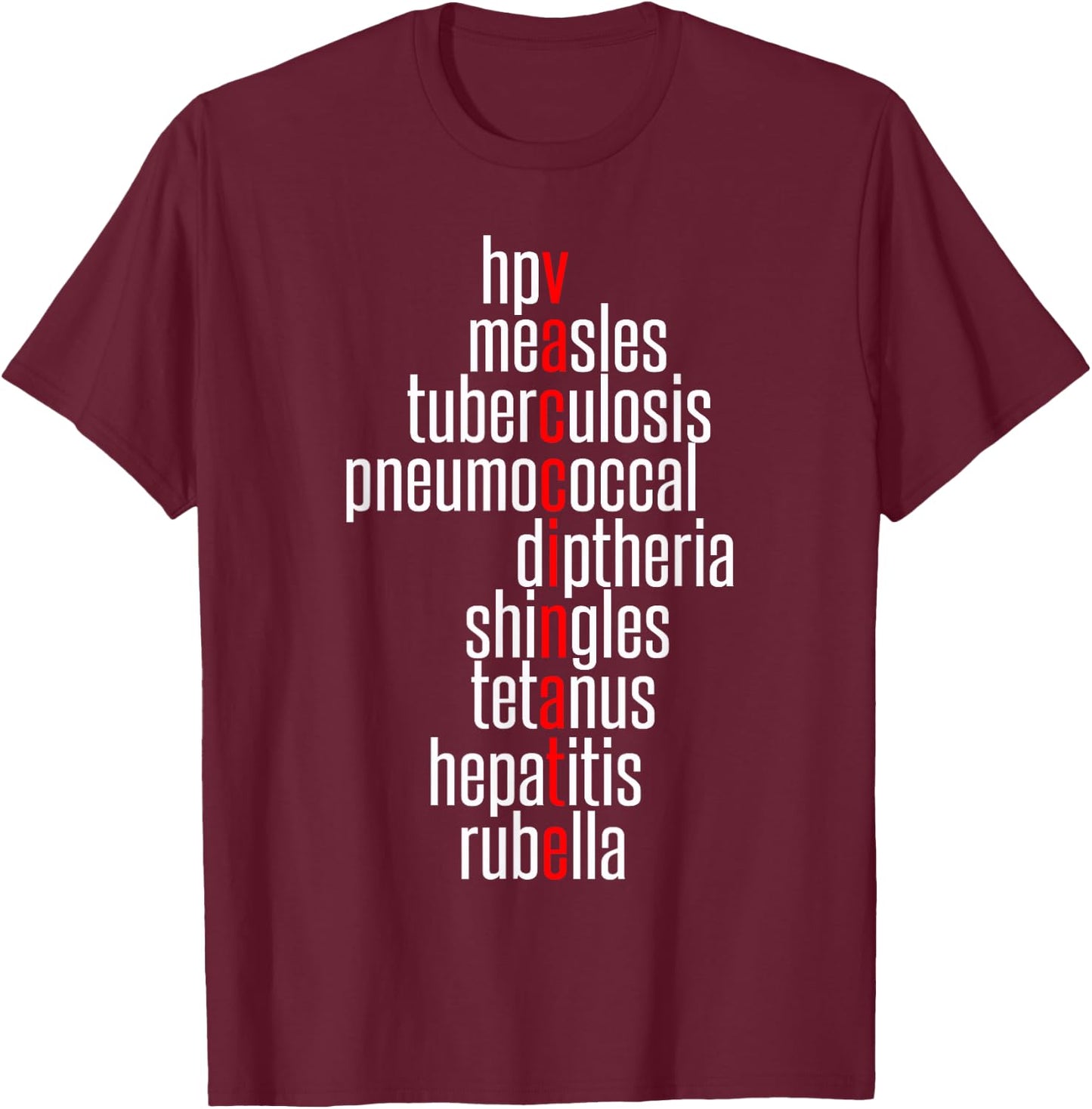 Vaccinate - Immunization Awareness Month - Vaccinations List T-Shirt - T-Shirt | Maroon