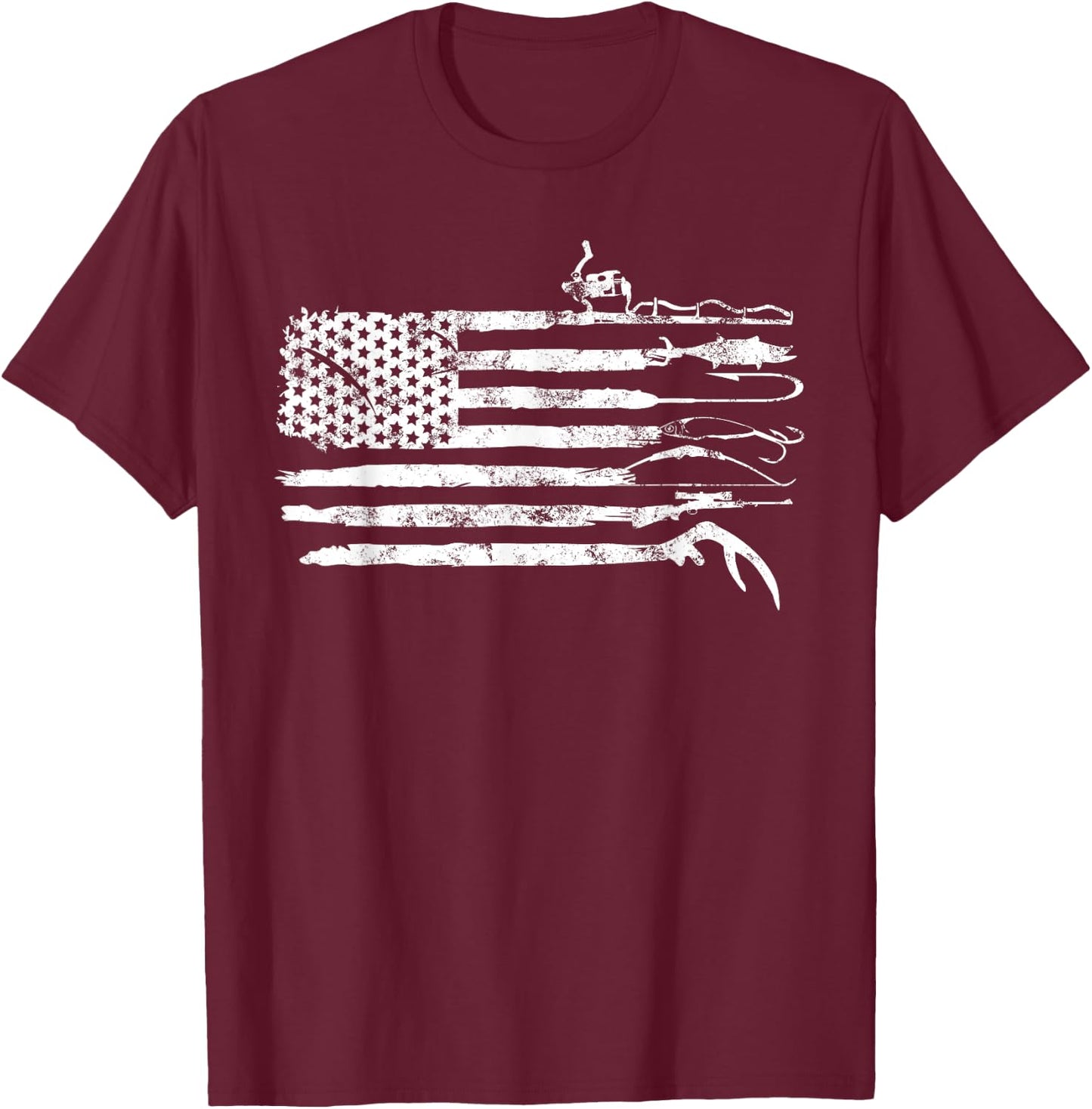 Hunting Fishing American Flag Patriotic T-Shirt - T-Shirt | Maroon