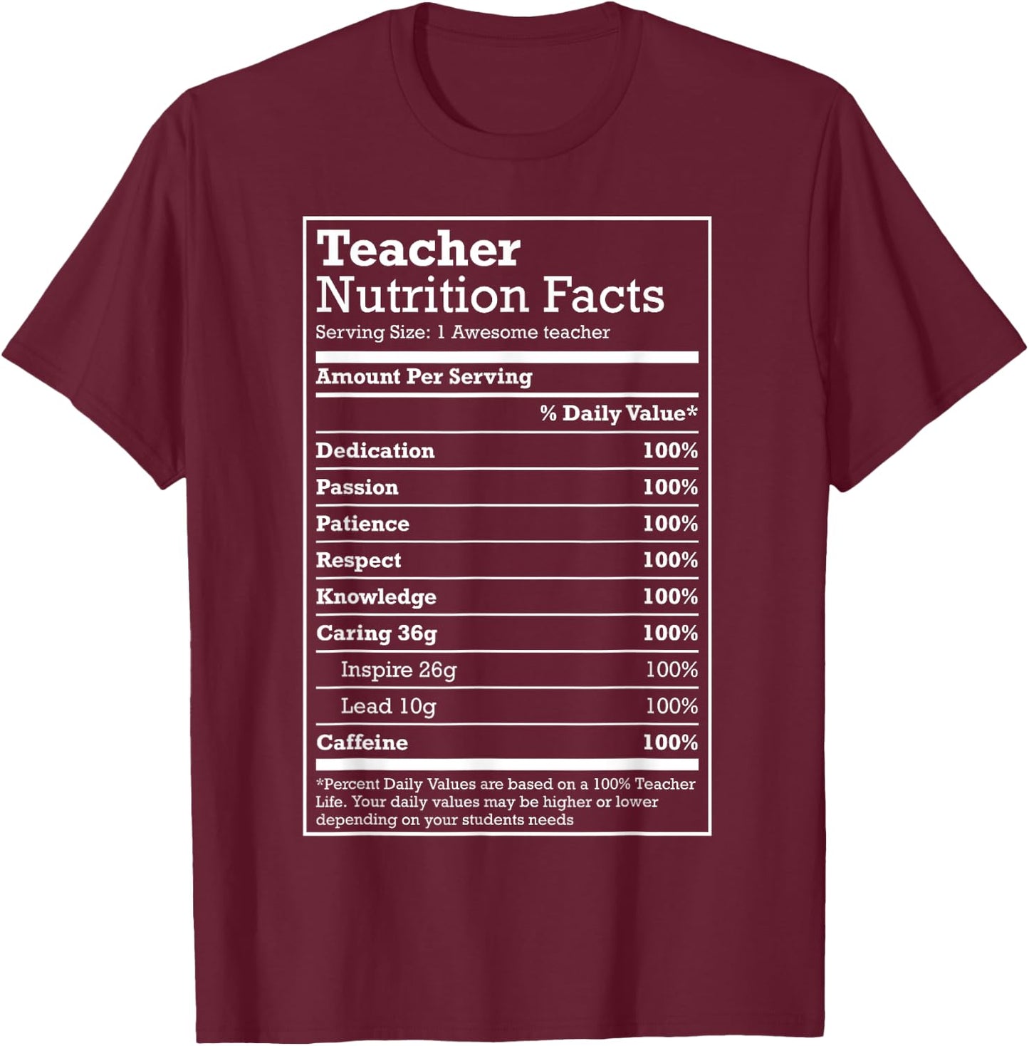 Nutrition Facts Shirt - Gift your favourite Teacher Men Women Girls Kids T-Shirt - T-Shirt | Maroon