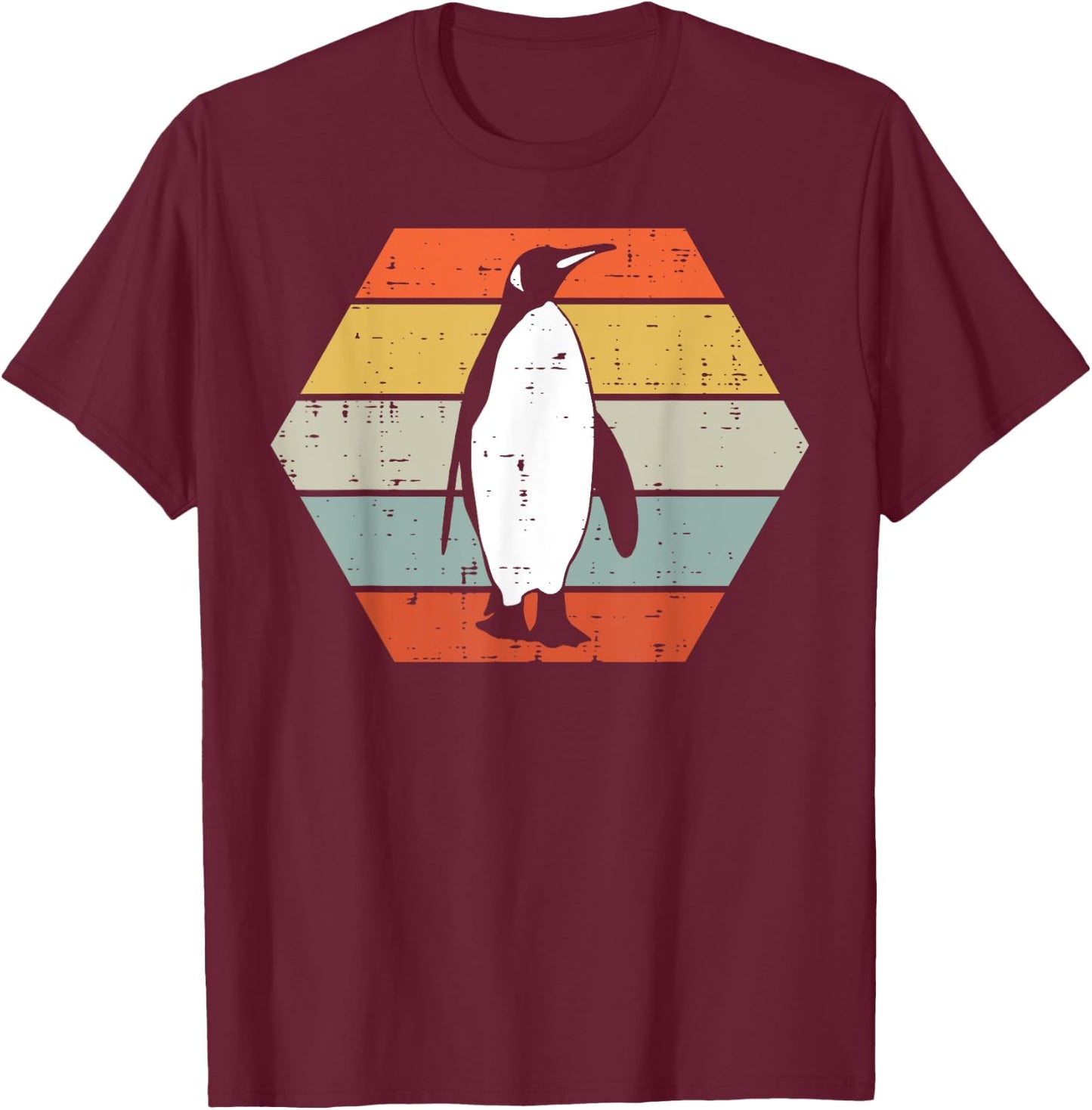 Penguin Sunset Hexagon Retro Animal Lover Women Men Kids T-Shirt - T-Shirt | Maroon