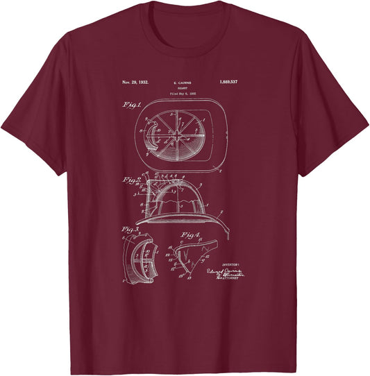 Classic Vintage Patent Print 1932 Firefighter Helmet T-Shirt - T-Shirt | Maroon