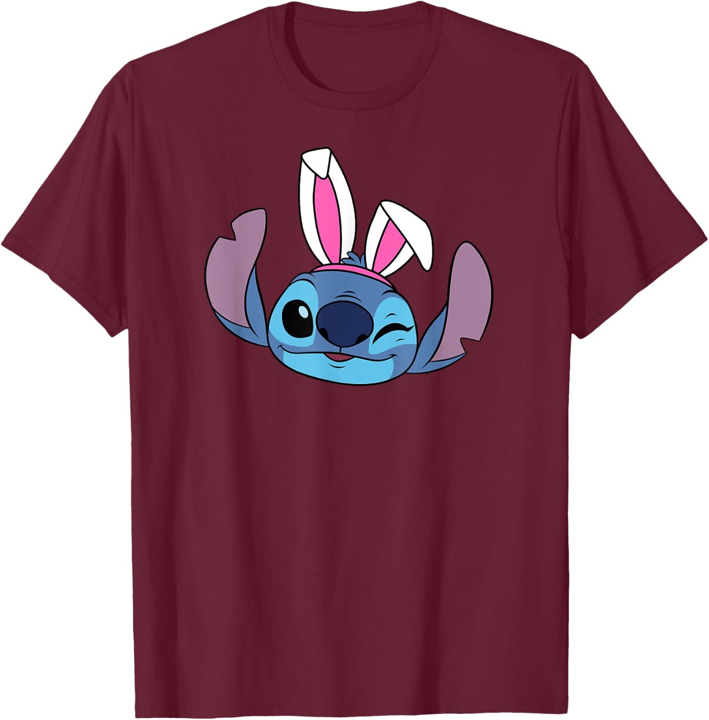 Amazon Essentials Disney Stitch Winking Spring Easter Bunny Ears T-Shirt - T-Shirt | Maroon