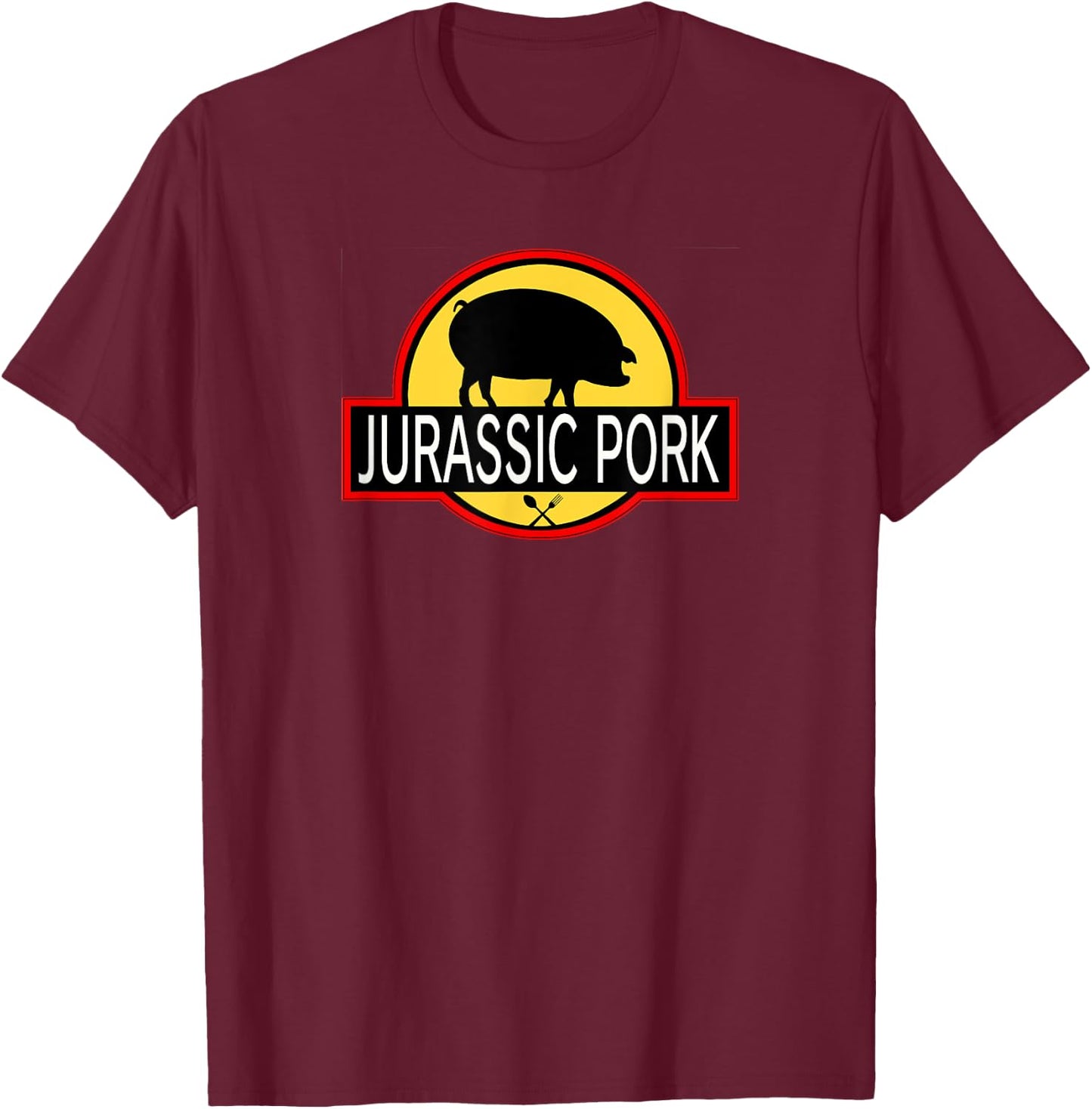 Jurassic Pork - Ultra Funny Parody - Eat Meat - Pig Pork T-Shirt - T-Shirt | Maroon