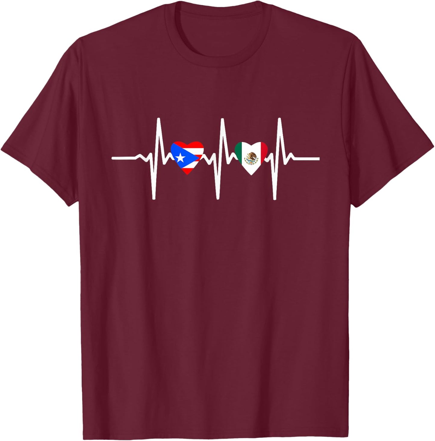 Half Mexican And Puerto Rican Rico Flag Mexirican Heartbeat T-Shirt - T-Shirt | Maroon