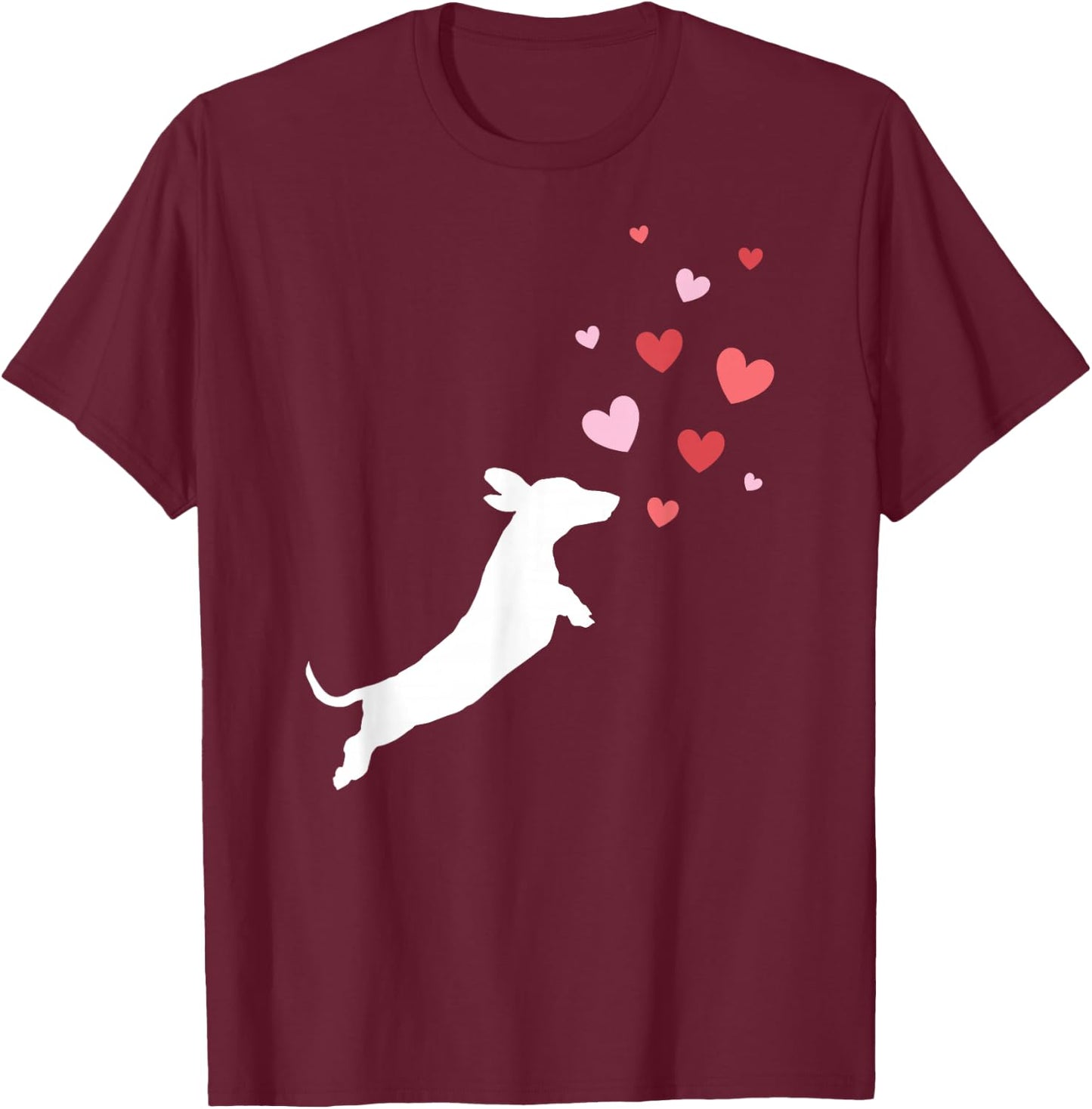 Valentine's Day - Dachshund Chasing Hearts T-Shirt - T-Shirt | Maroon